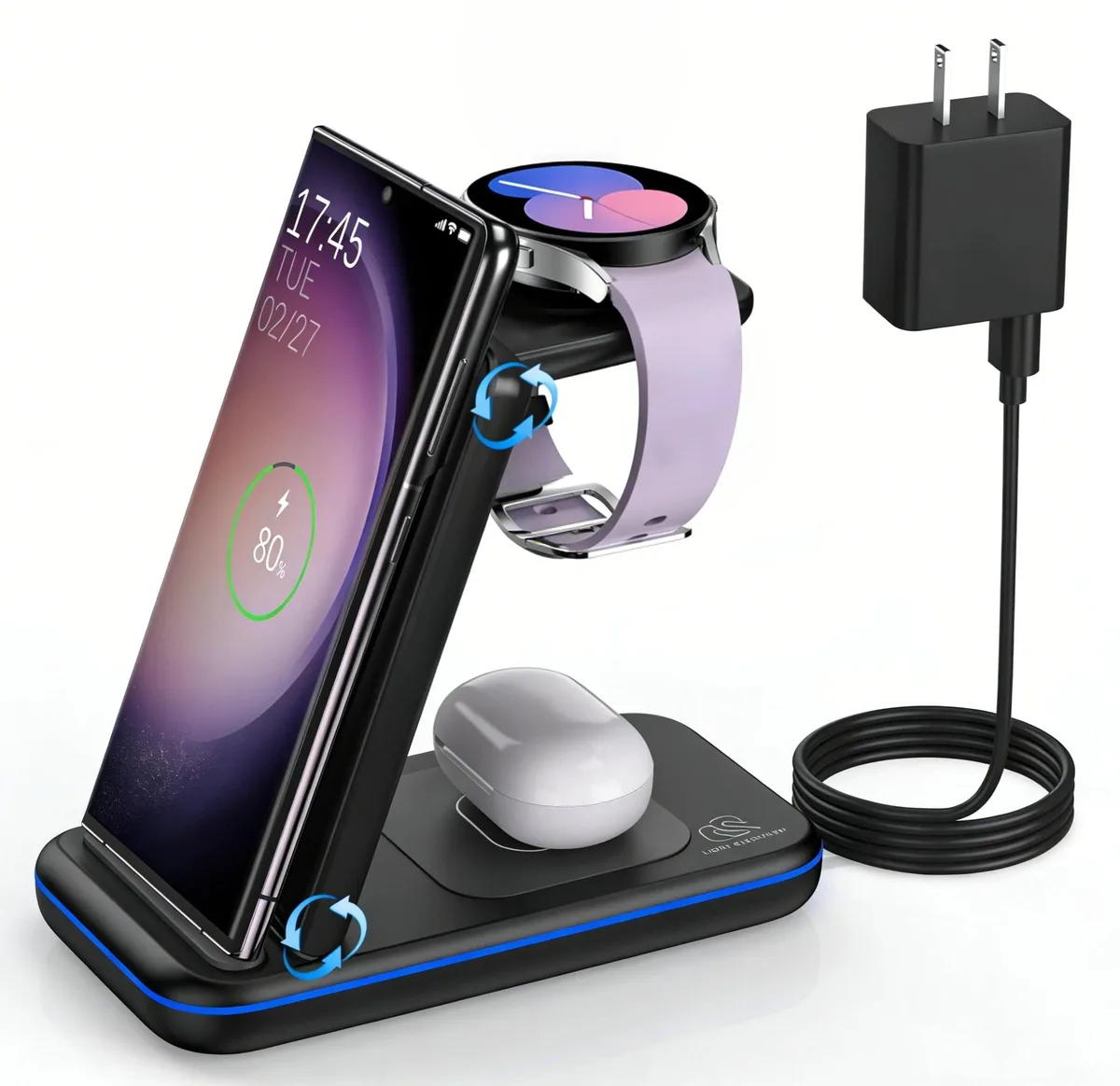 Black 3-in-1 wireless charging stand with phone pad, watch dock and earbuds spot