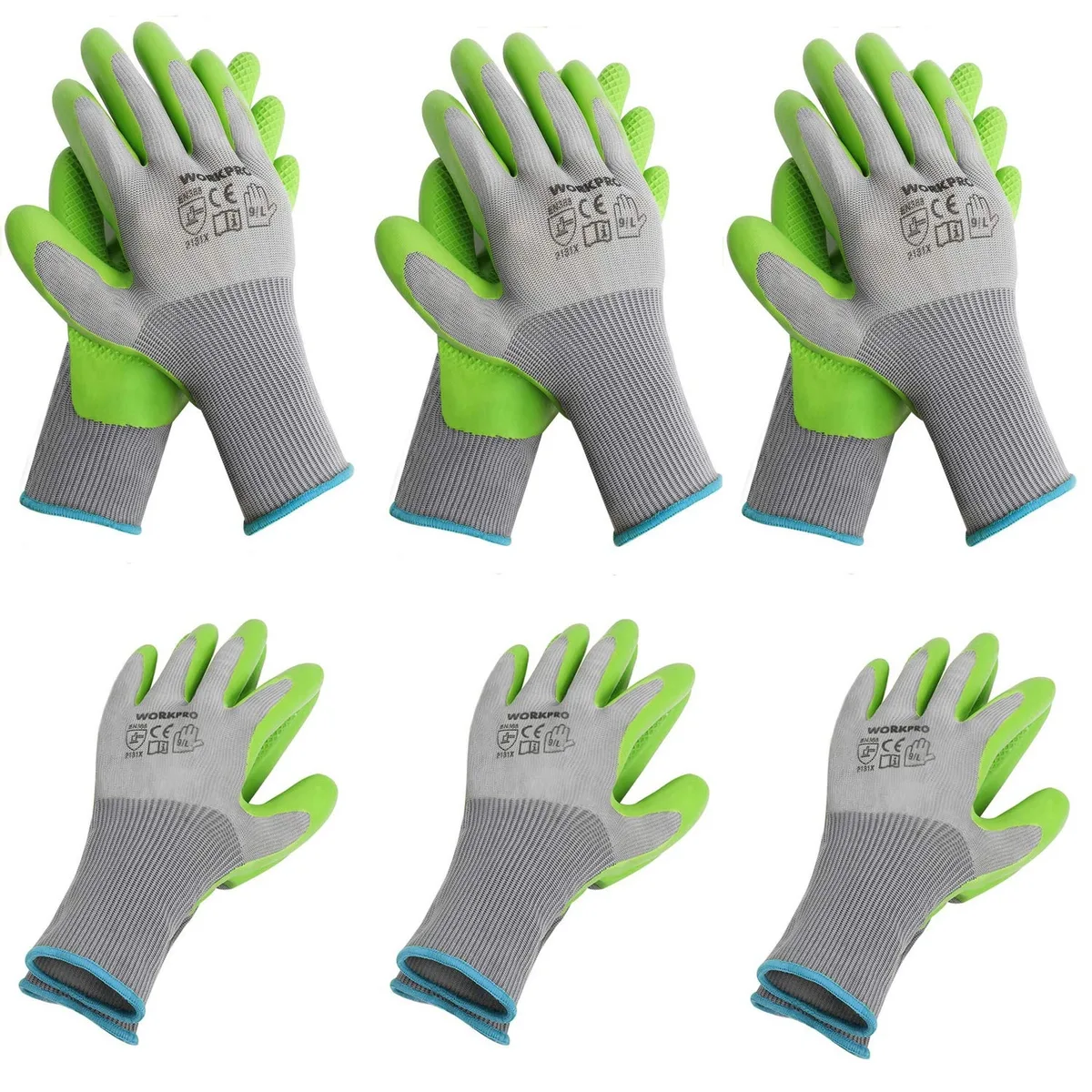 Six pairs of black palm-coated gloves with waffle texture laid flat