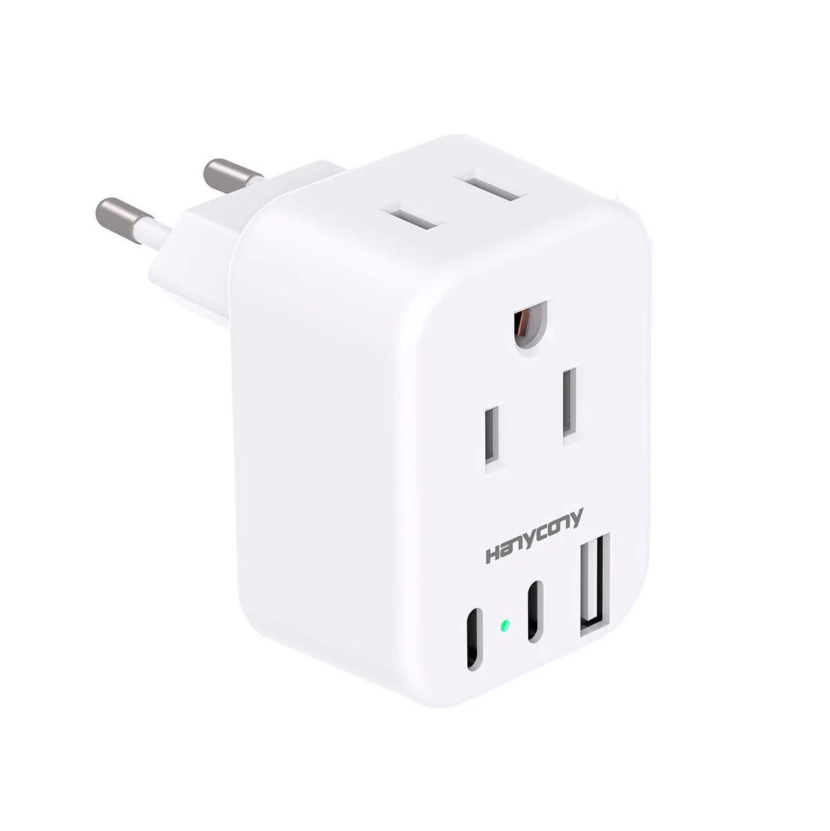  HANYCONY HN23T 5-in-1 EU travel power adapter 2 AC 3 USB 2500W 10A — product photo