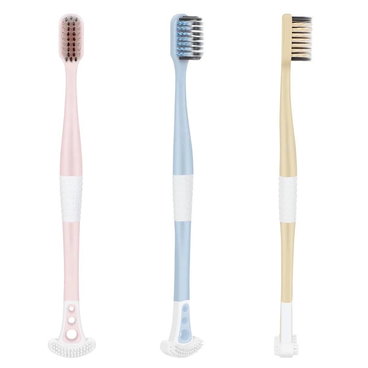 Three white manual toothbrushes with integrated tongue scrapers and soft bristles