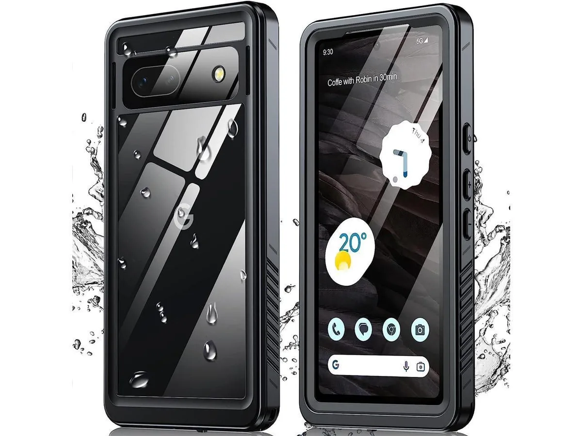 Black IP68 waterproof case for Pixel 7A with built-in screen protector