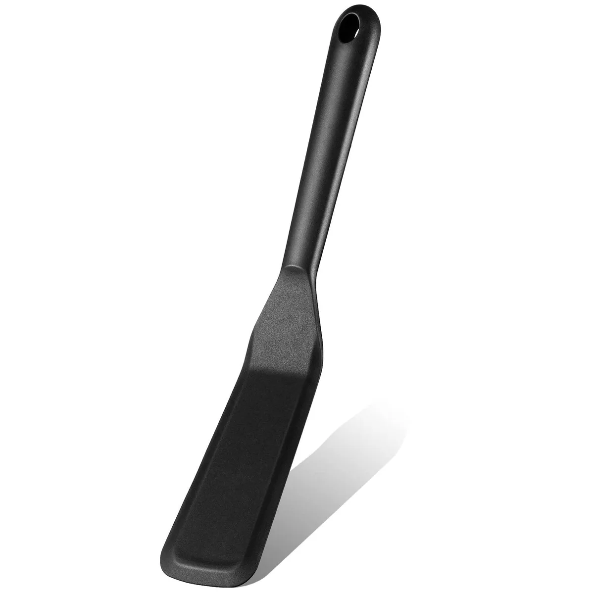 Black silicone spatula with stainless steel handle, 10 inches long