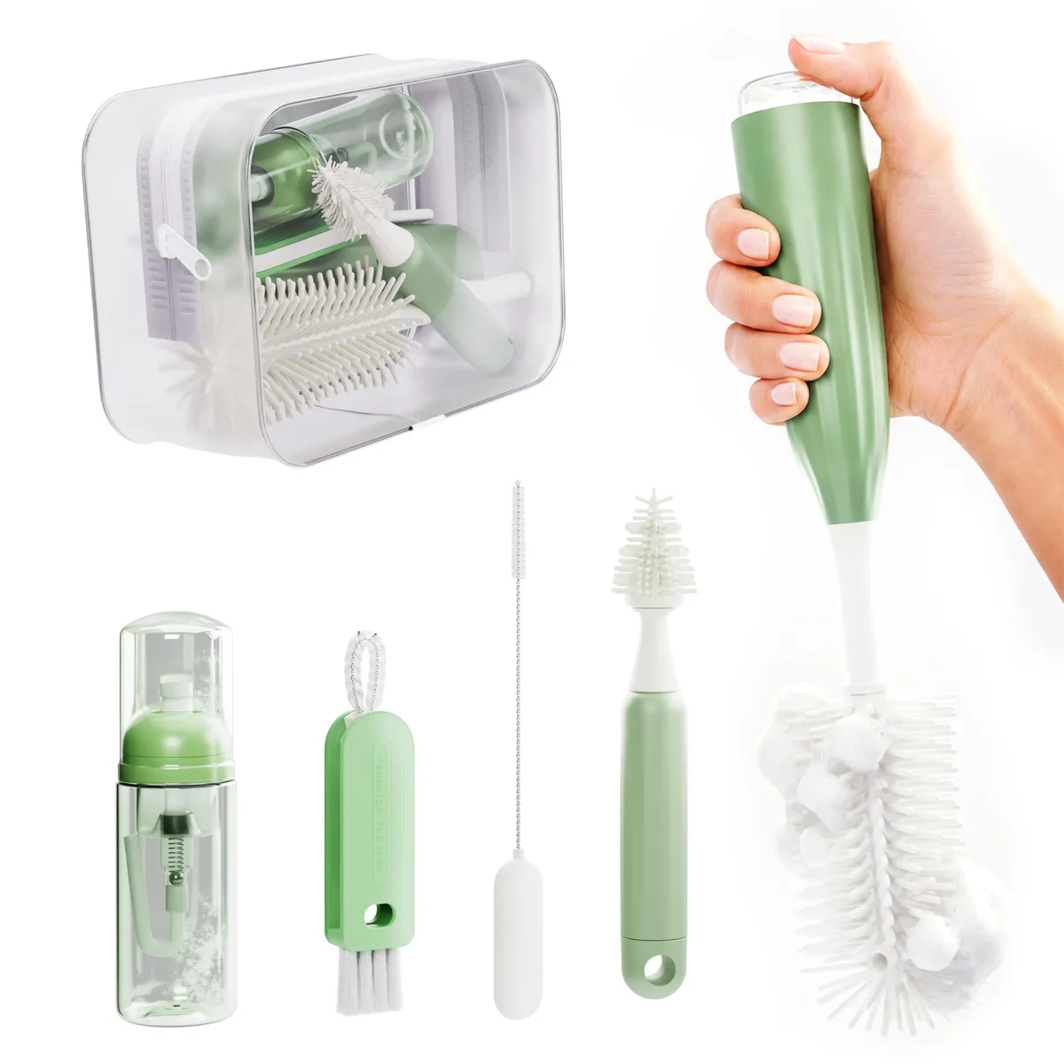 Home Basics 5-in-1 bottle cleaning kit with push-press foam brush, silicone bristles, and storage case