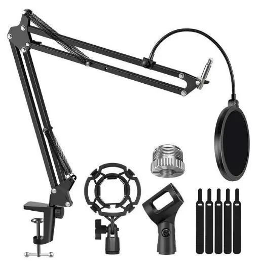 Black scissor-arm microphone boom with dual pop filter, shock mount and desk clamp