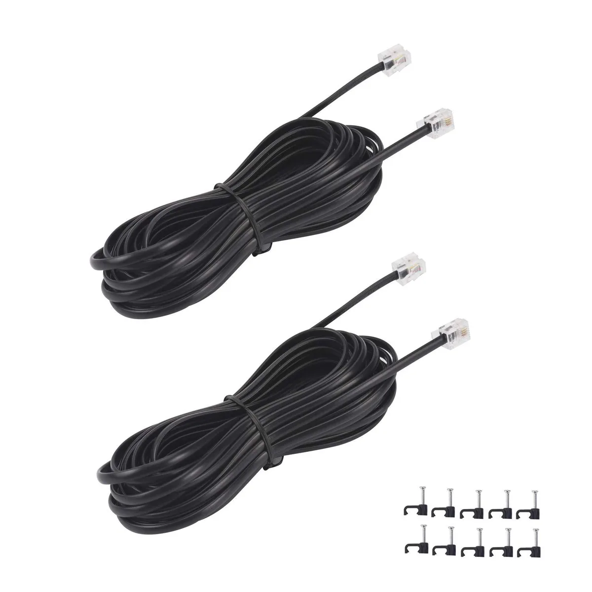 Two black 15ft telephone extension cords with RJ11 plugs and cable clips