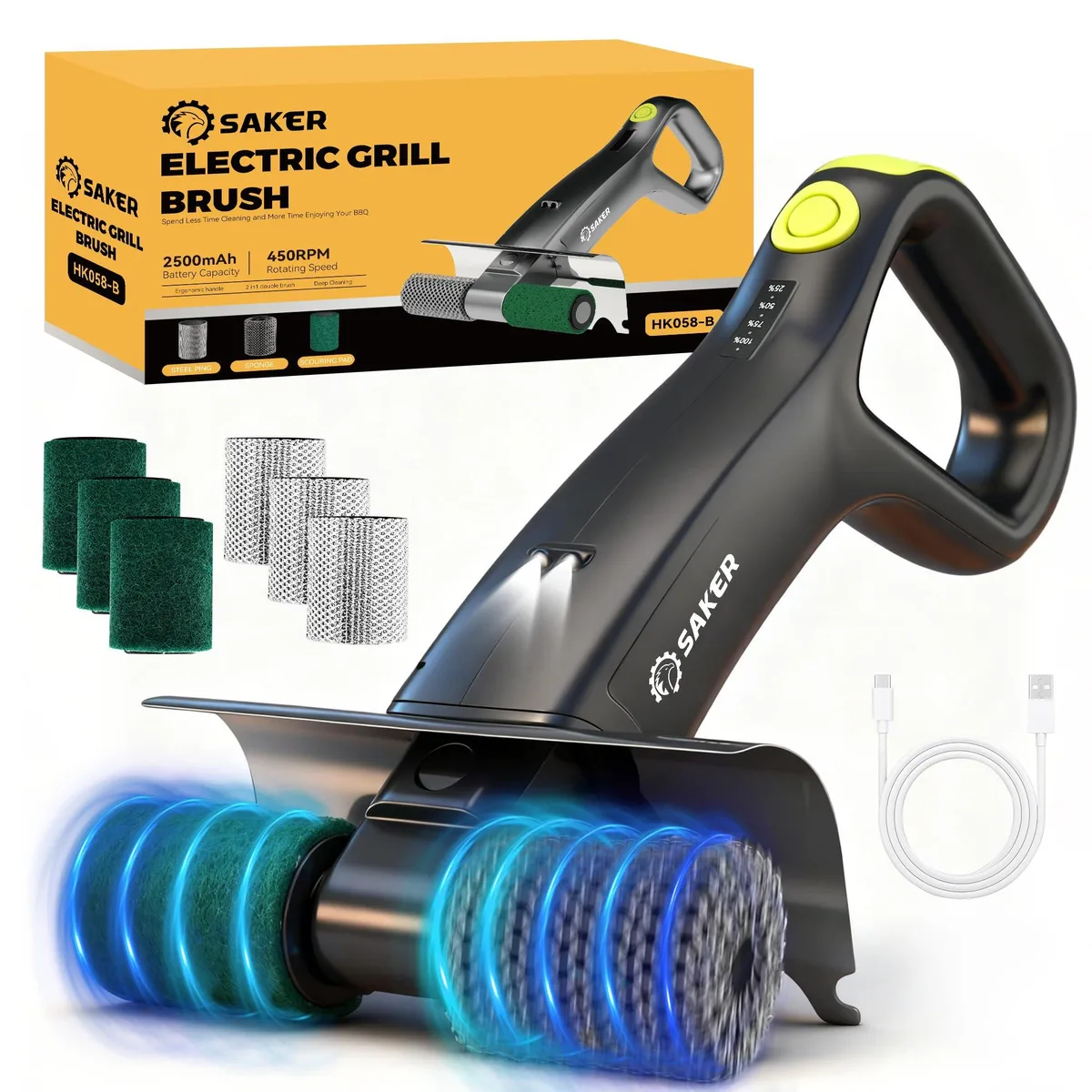 Electric grill brush with three interchangeable heads and LED light