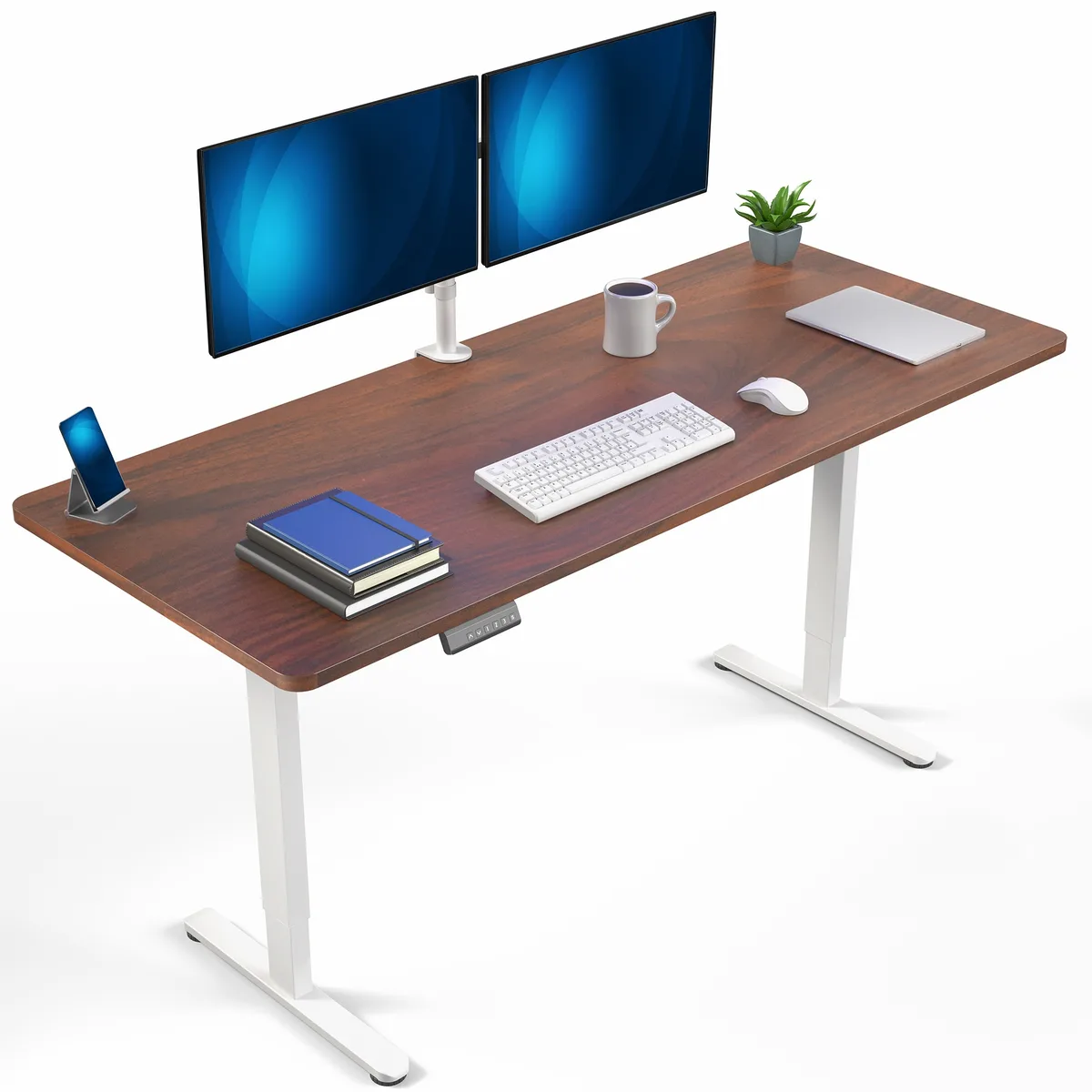 Rectangular dark walnut desktop on white steel electric standing frame