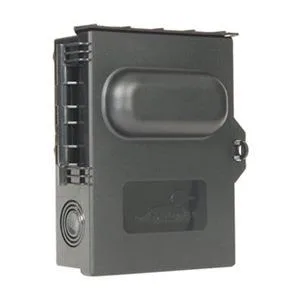 Grey plastic pull-out disconnect switch in a rectangular NEMA 3R enclosure