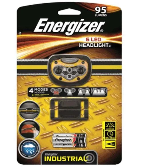 Red Energizer headlamp with black polymer body and adjustable strap