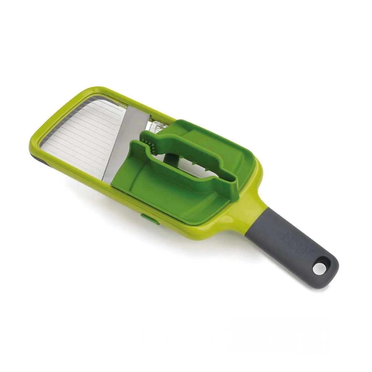 Green hand-held mandoline with adjustable blade and snap-on food grip