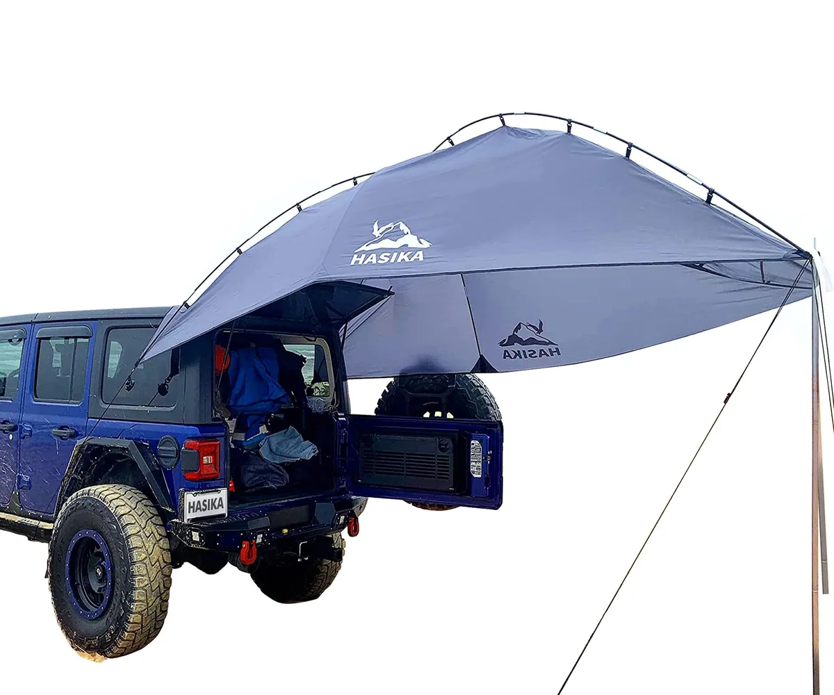 Blue rectangular SUV tailgate tent with alloy steel poles and mesh wall panels