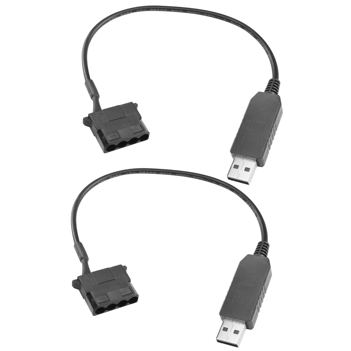 Two 30 cm USB to 4-pin Molex step-up cables with PVC insulation