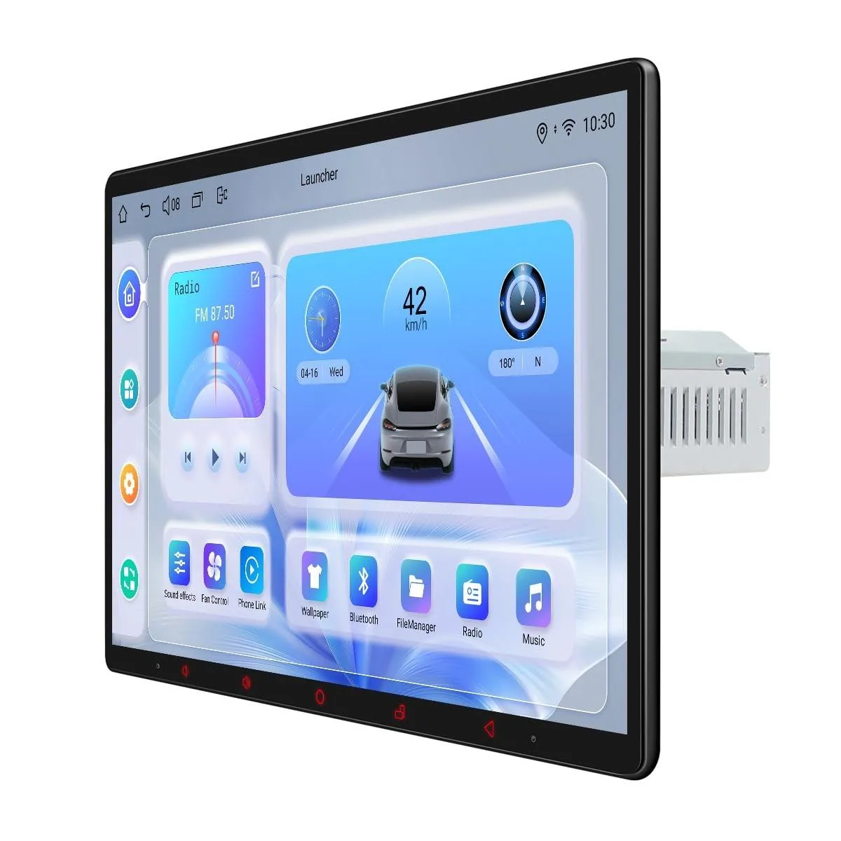 A 13.3 inch touchscreen car stereo head unit with a black bezel and flush mount design