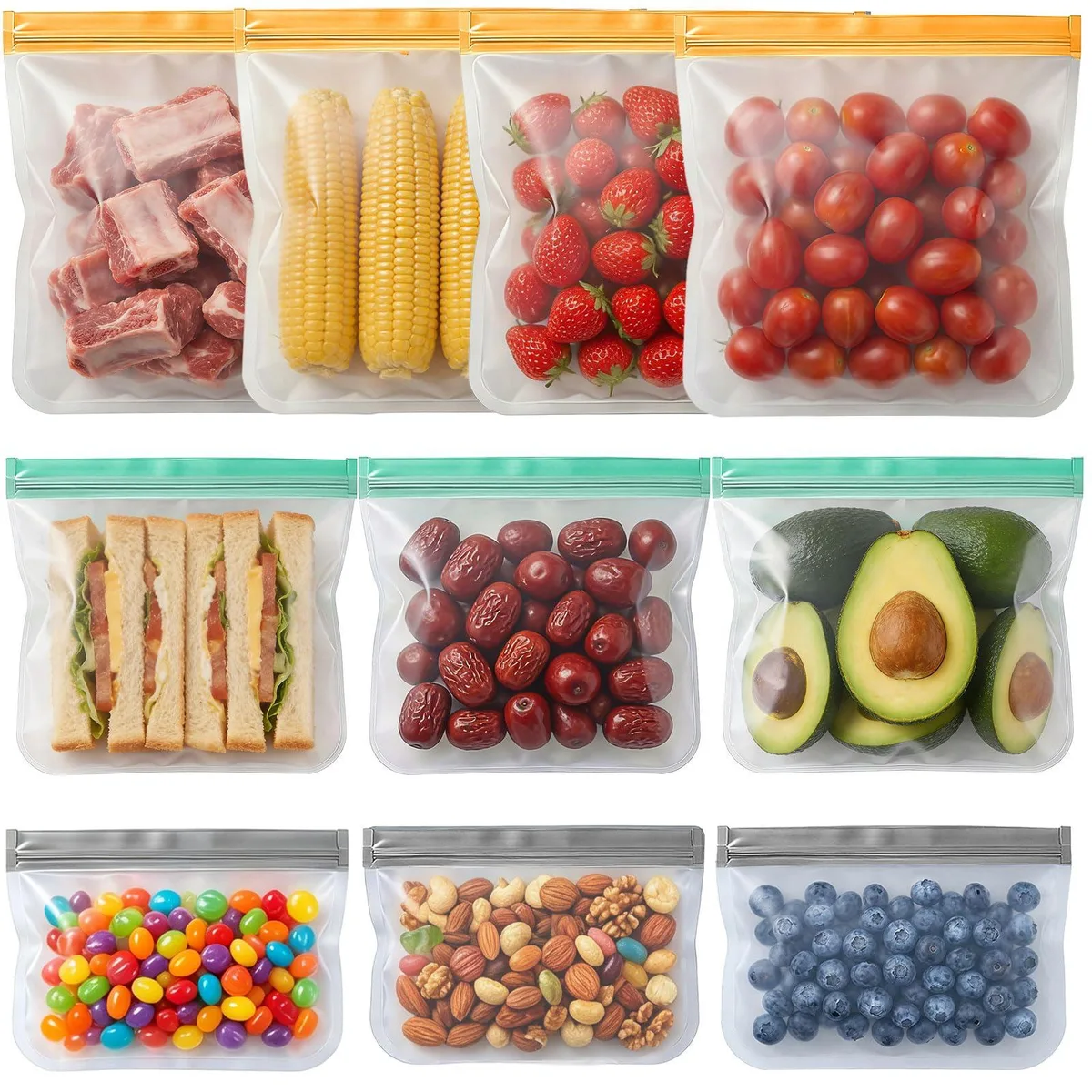 Ten multi-colour PEVA food bags with double zipper seal