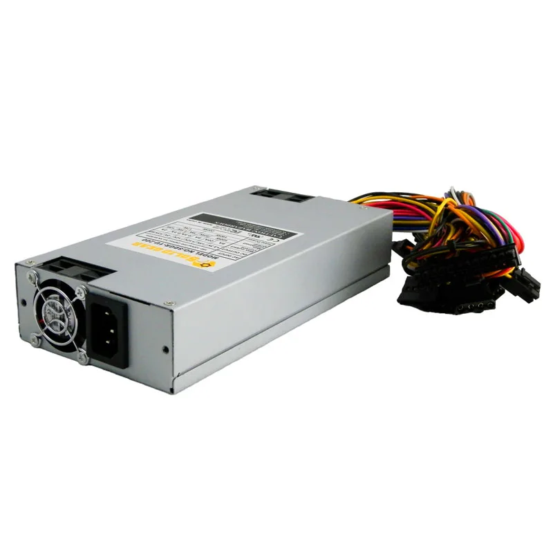 Compact silver 1U server PSU with dual 40mm fans and rear connector panel