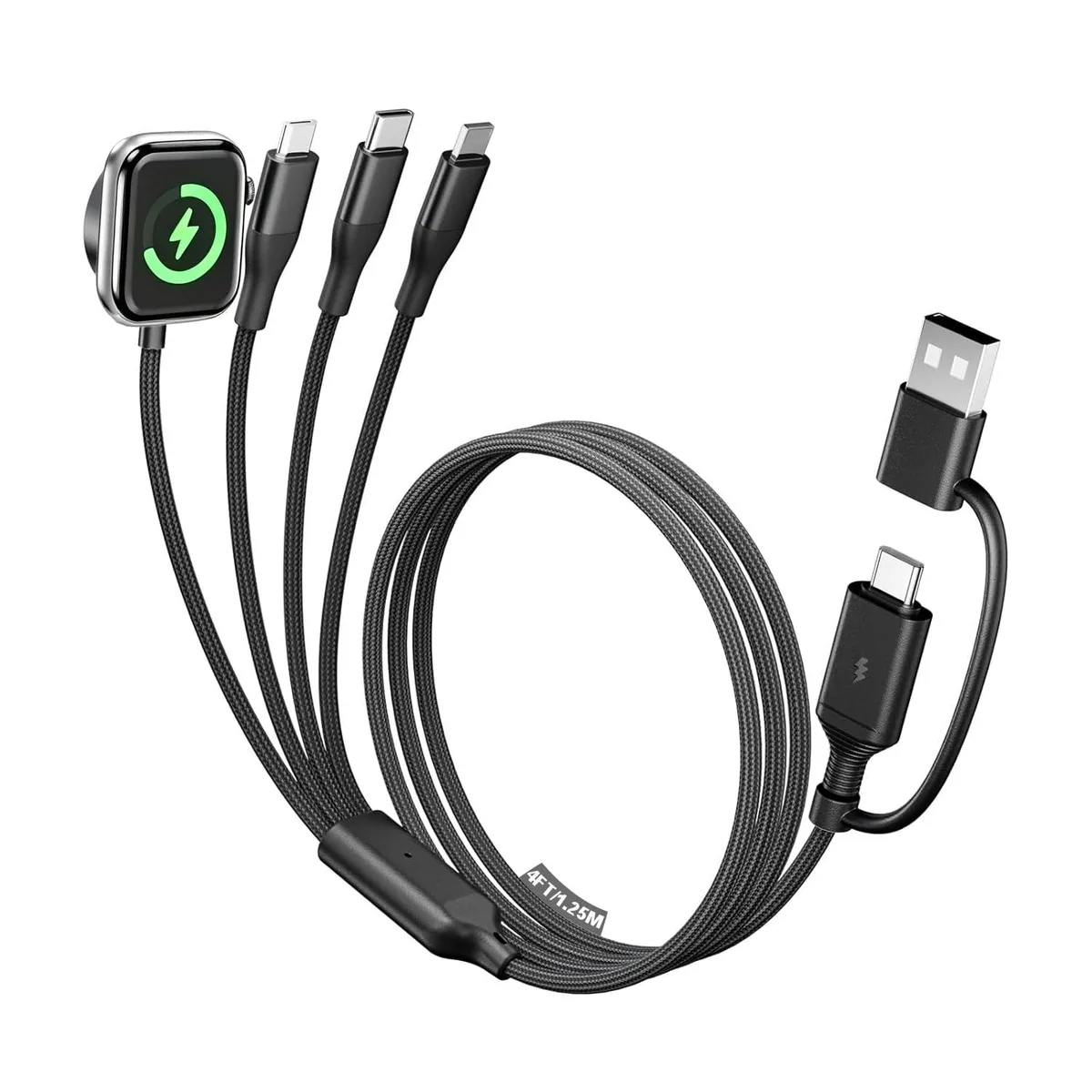 Black 4ft braided cable with USB-C, USB-A, micro-USB and magnetic watch connectors