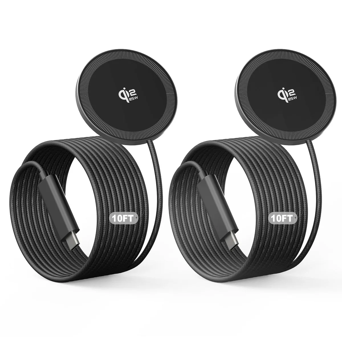 Two black magnetic wireless charging pads with 10ft cables