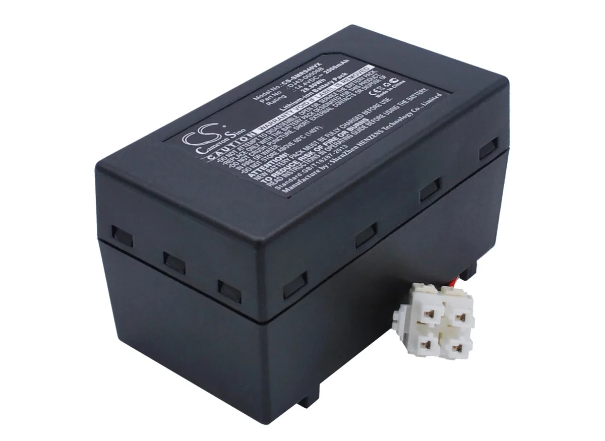 Rectangular replacement battery pack, matte black plastic casing with label and connector pins