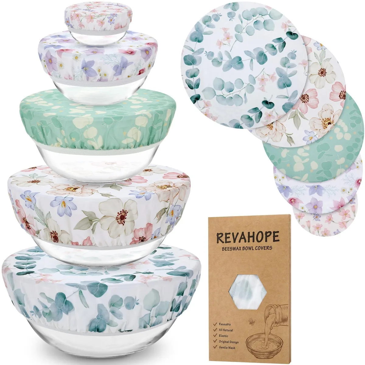 Five cotton beeswax bowl covers in eucalyptus leaf print, assorted sizes 10 to 30 cm, elastic edges, reusable food wraps