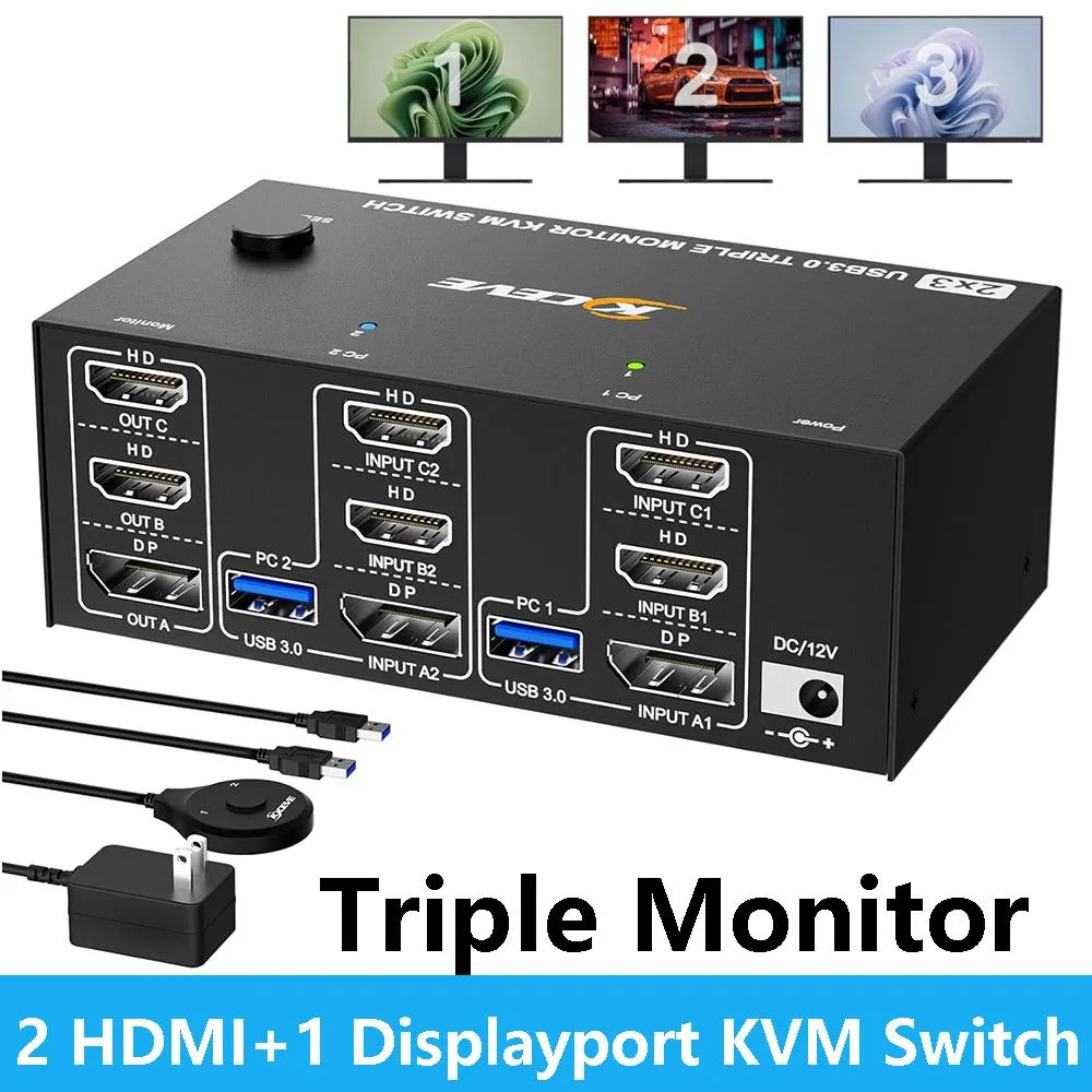 Hitoor Hitoor 203HHD 2 HDMI + 1 DP KVM Switch 3 Monitors 2 Computers 8K@60Hz 4K@144Hz Wired Remote — product photo