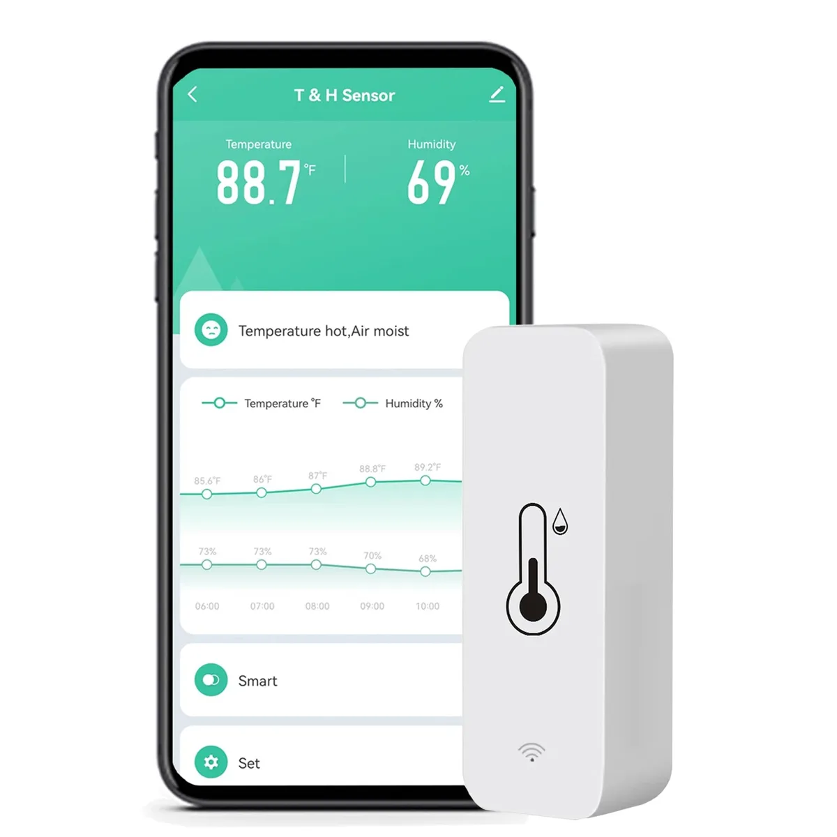 Small black rectangular indoor thermometer hygrometer with wifi connectivity