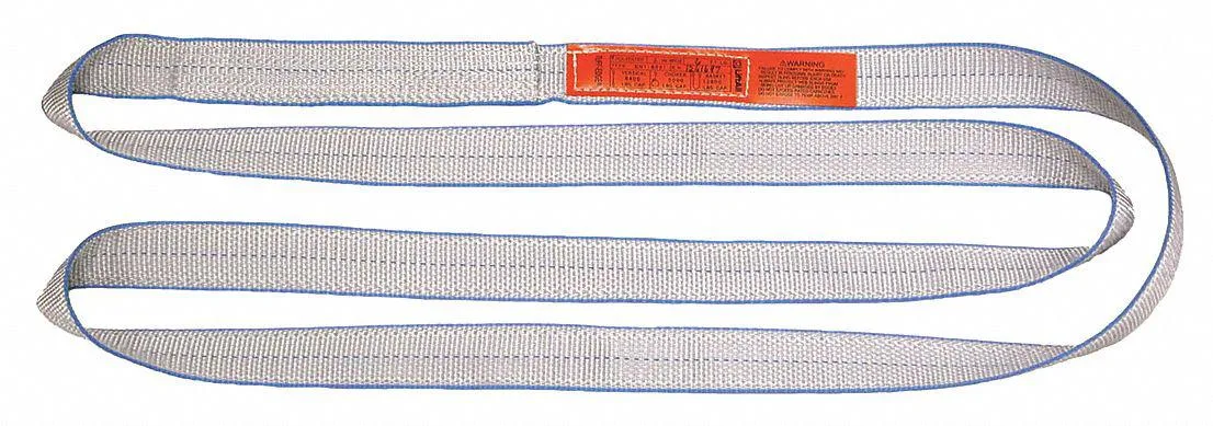 Silver polyester web sling with blue edges, 8 ft long, 1 in wide, 2-ply flat construction