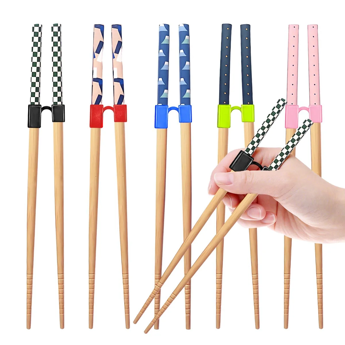 Five pairs of wooden training chopsticks with plastic helpers, Mount Fuji pattern