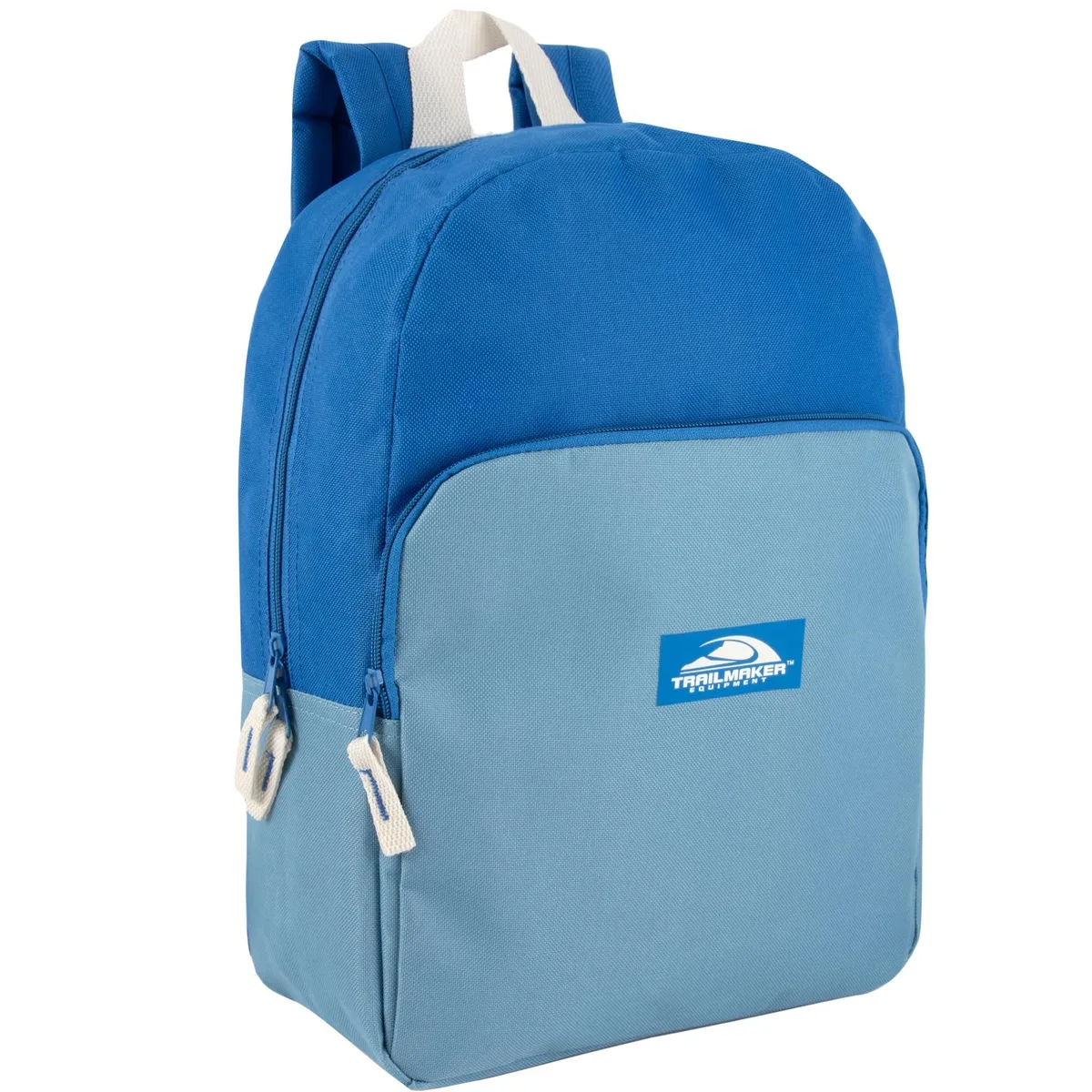 Blue polyester backpack with large front zip pocket and adjustable padded straps