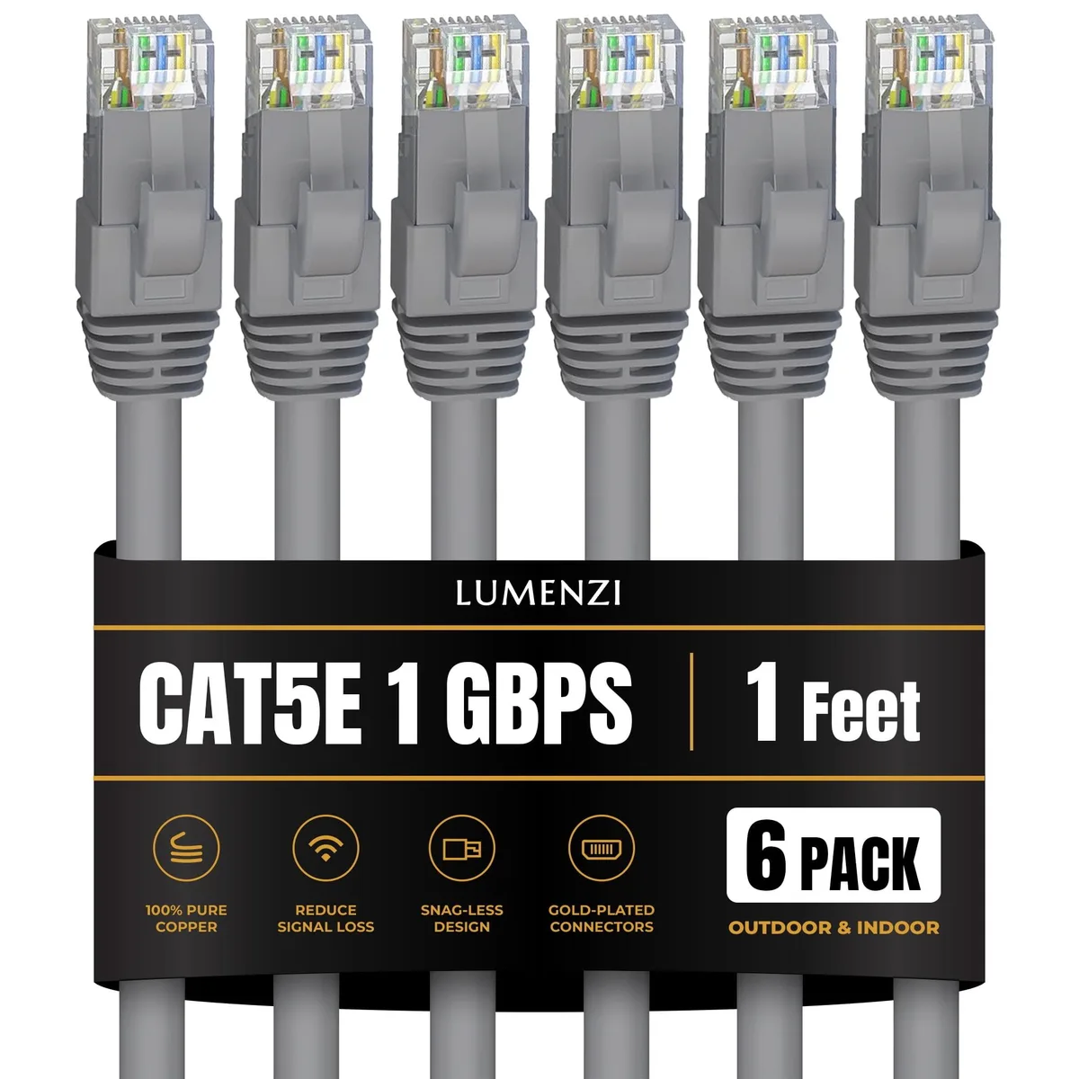 Lumenzi Lumenzi Cat 5e Ethernet Cable 1 ft Grey 6-pack 350 MHz — product photo