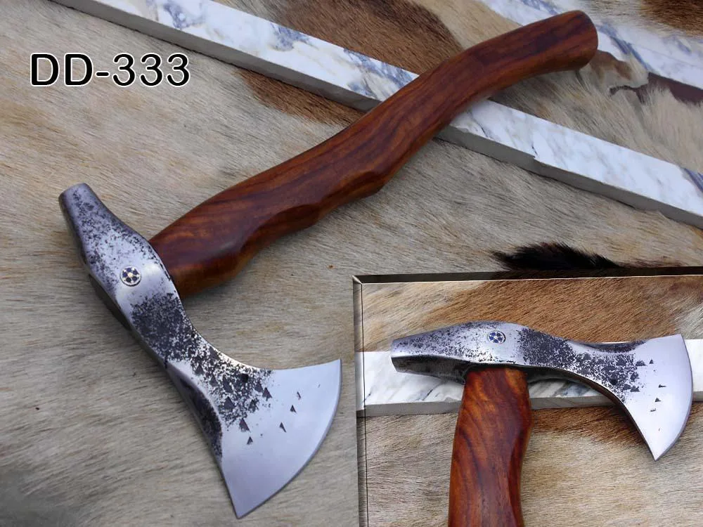 Damascus Depot Damascus Depot Camper Axe 14 Inches Hand Forged Carbon Steel Rose Wood Handle Leather Sheath — product photo
