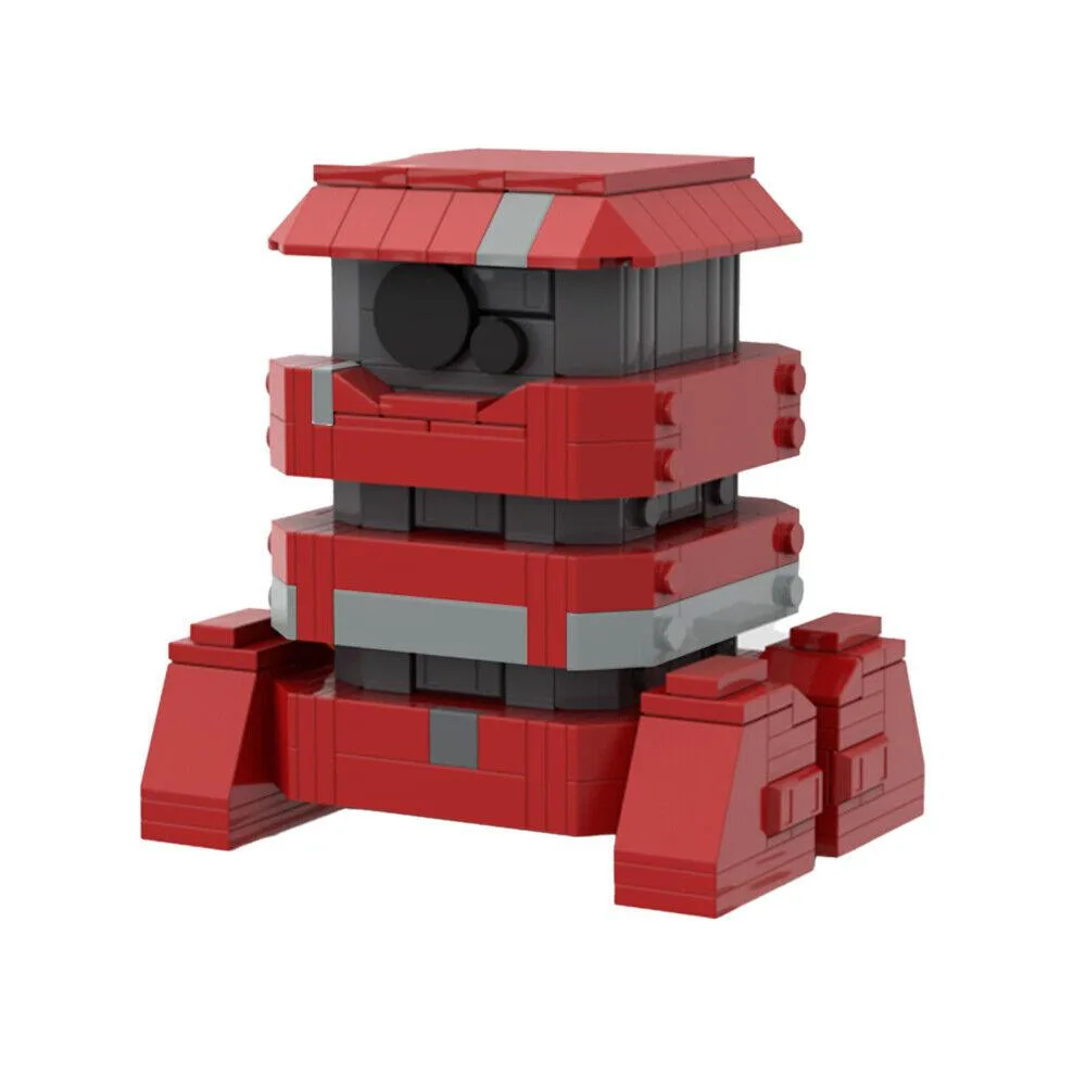 Red robot figure with black sensor built from 349 multi-colour plastic bricks