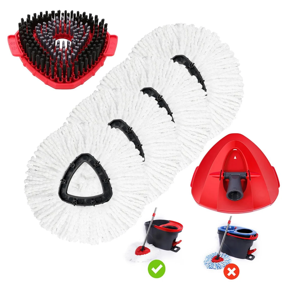 Four white microfiber mop heads, one scrub brush head and one base on a light background