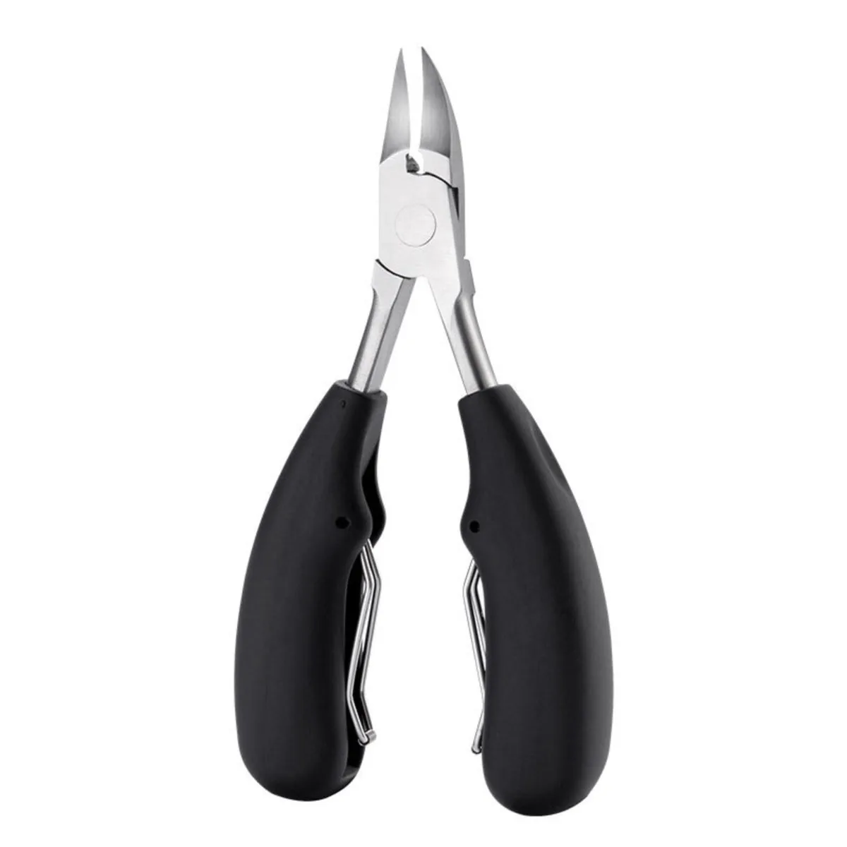 Six black stainless steel toenail clippers with curved blades and double springs