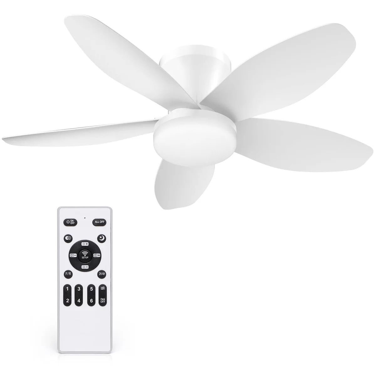 Black 35-inch flush-mount ceiling fan, five black blades, opal matte glass light, remote included