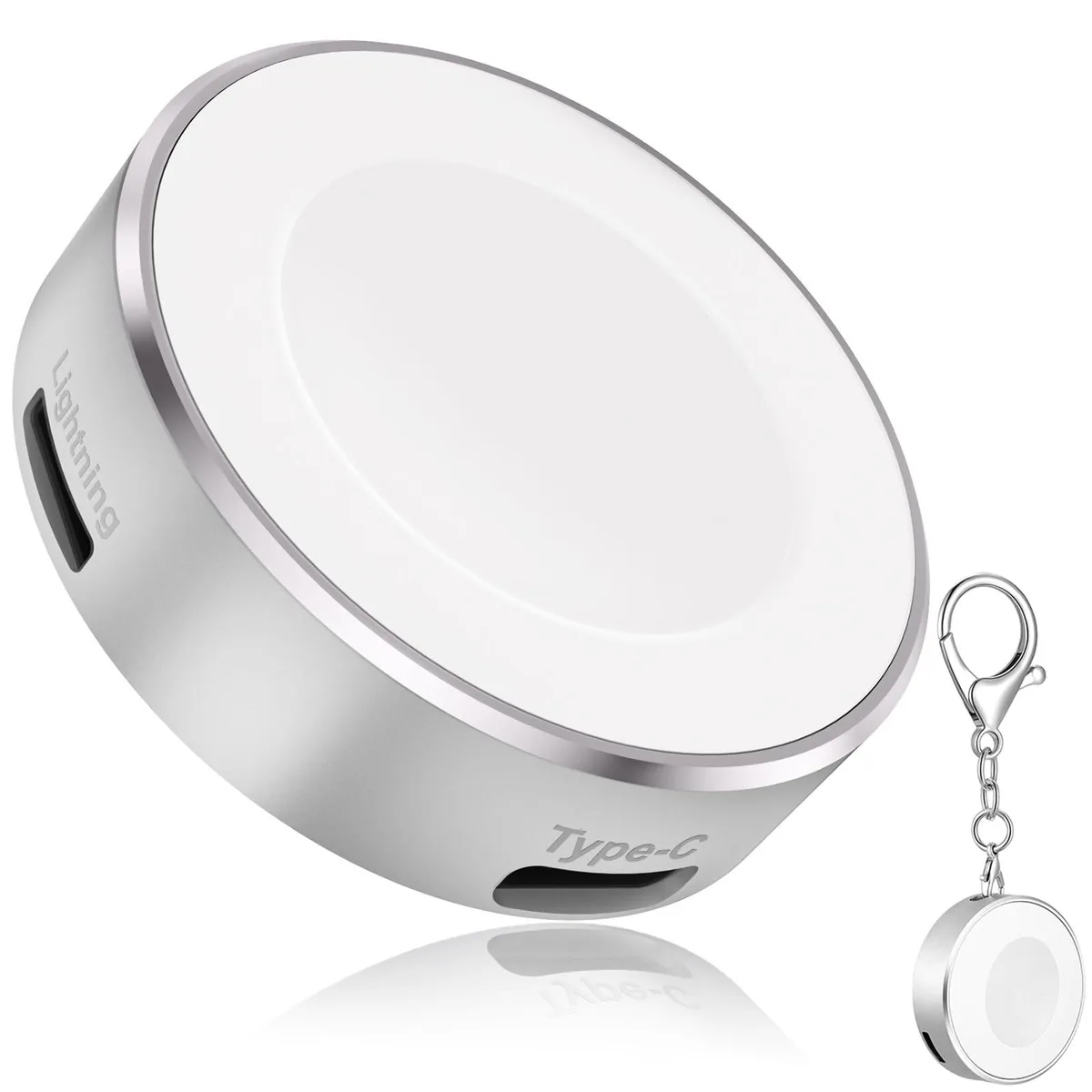 Round aluminium wireless charger with USB-C and Lightning ports on a keychain loop