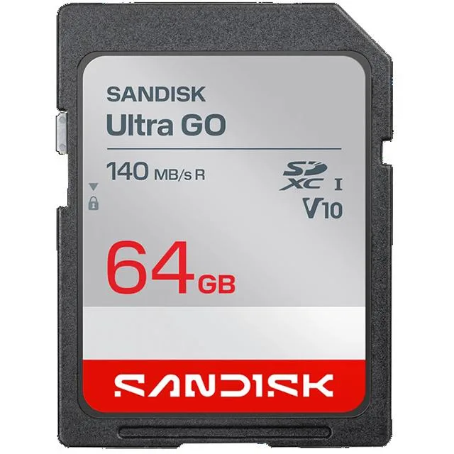 Small rectangular SDXC memory card with SanDisk Ultra GO branding