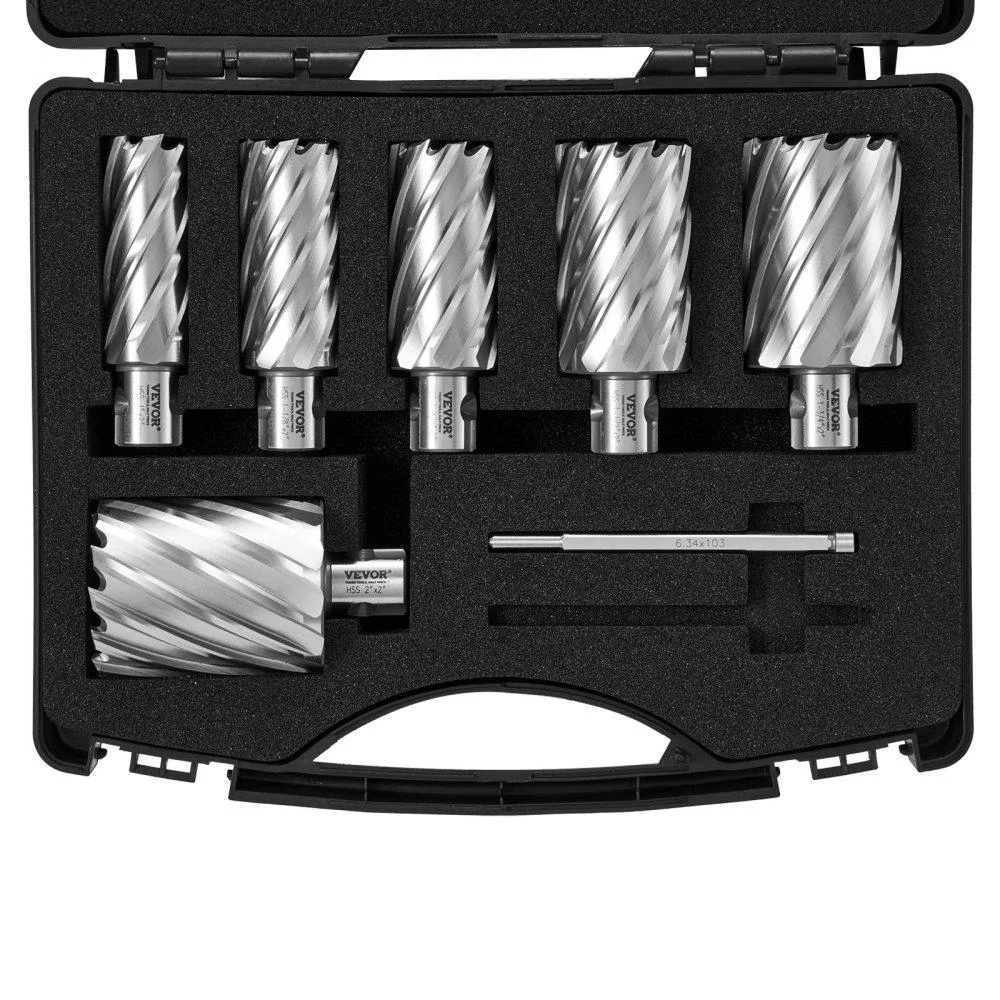 VEVOR VEVOR Annular Cutter Set 6 pcs Universal Shank 1" to 2" Diameter 2" Depth M2AL HSS with 2 Pilot Pins Case — product photo