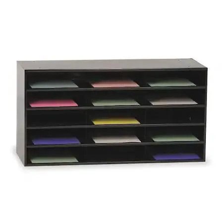 Black steel 15-compartment literature rack, assembled, letter-size cubbies, 33 7/8 in wide, 17 1/4 in high, 11 3/4 in deep