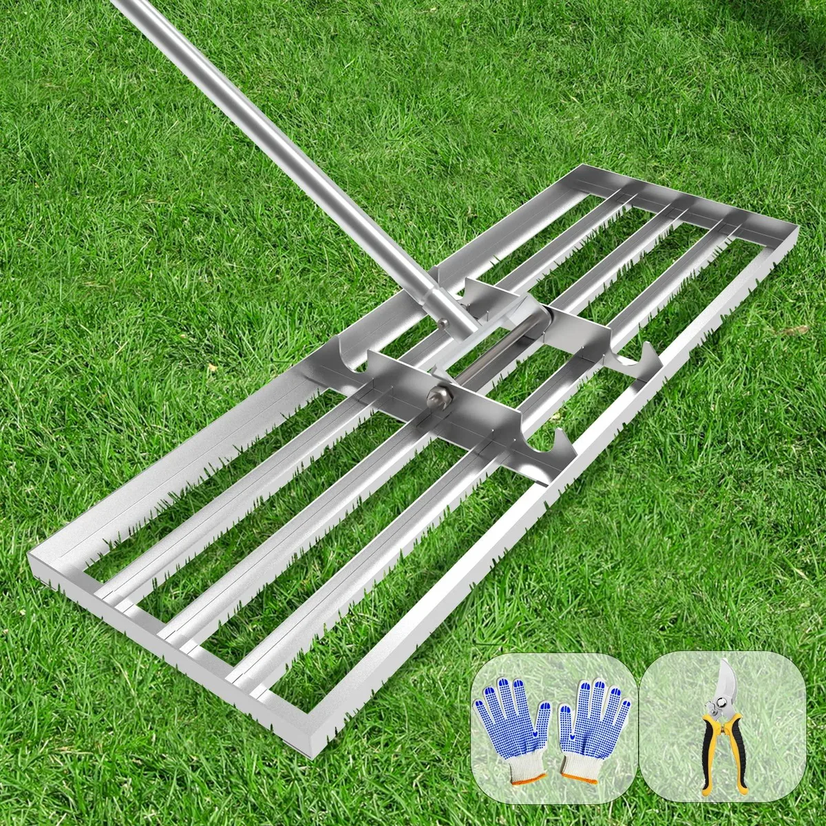 Wide silver stainless steel lawn leveling rake with 45 inch head and 6.5ft handle