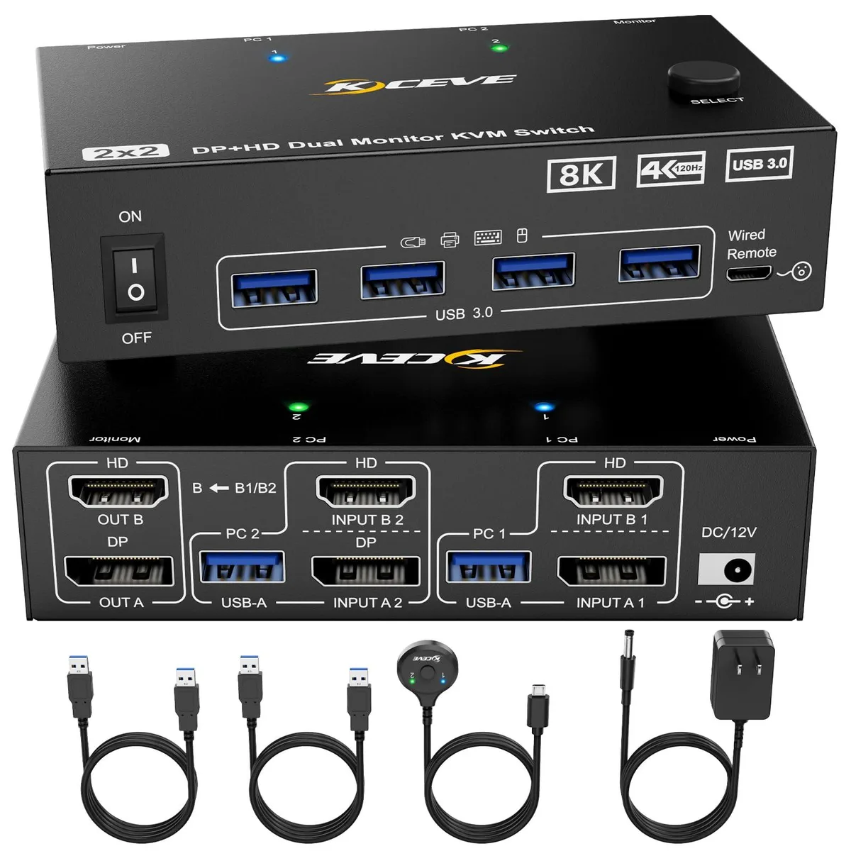 Compact metal KVM switch with front push button and wired remote, 0.581 kg