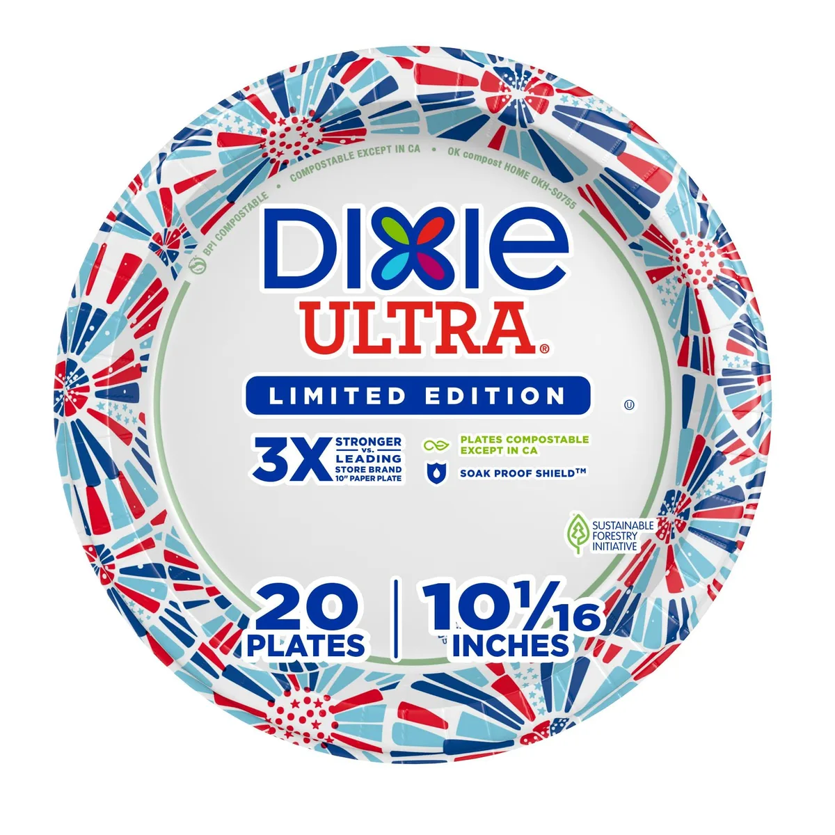 Pack of 20 multicolour 10 inch round paper plates with summer print