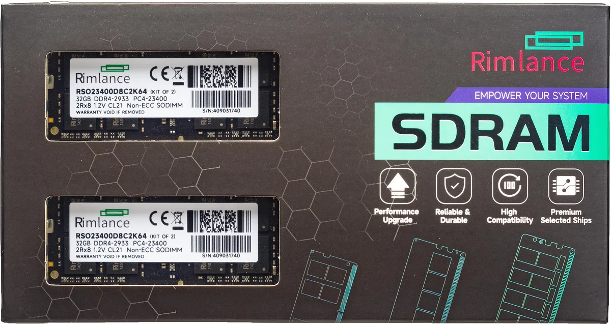 RIMLANCE RIMLANCE 64GB (2x32GB) DDR4 2933MHz CL21 2RX8 1.2V SODIMM Laptop RAM — product photo