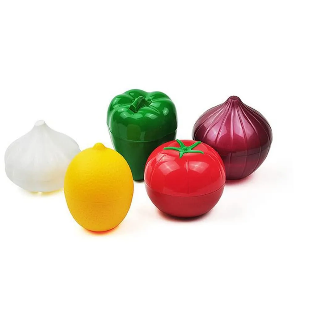 Five colour-coded plastic containers shaped like onion, pepper, lemon, tomato and garlic with snap-on lids