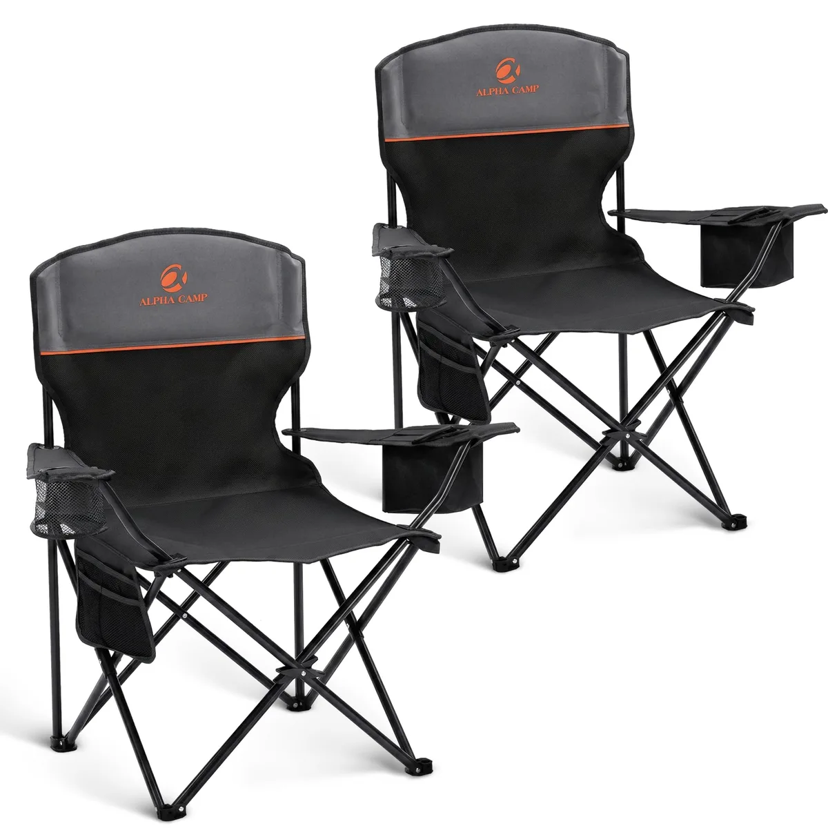 Two camouflage folding camp chairs with cooler bags and carry bags, steel frames, polyester seats