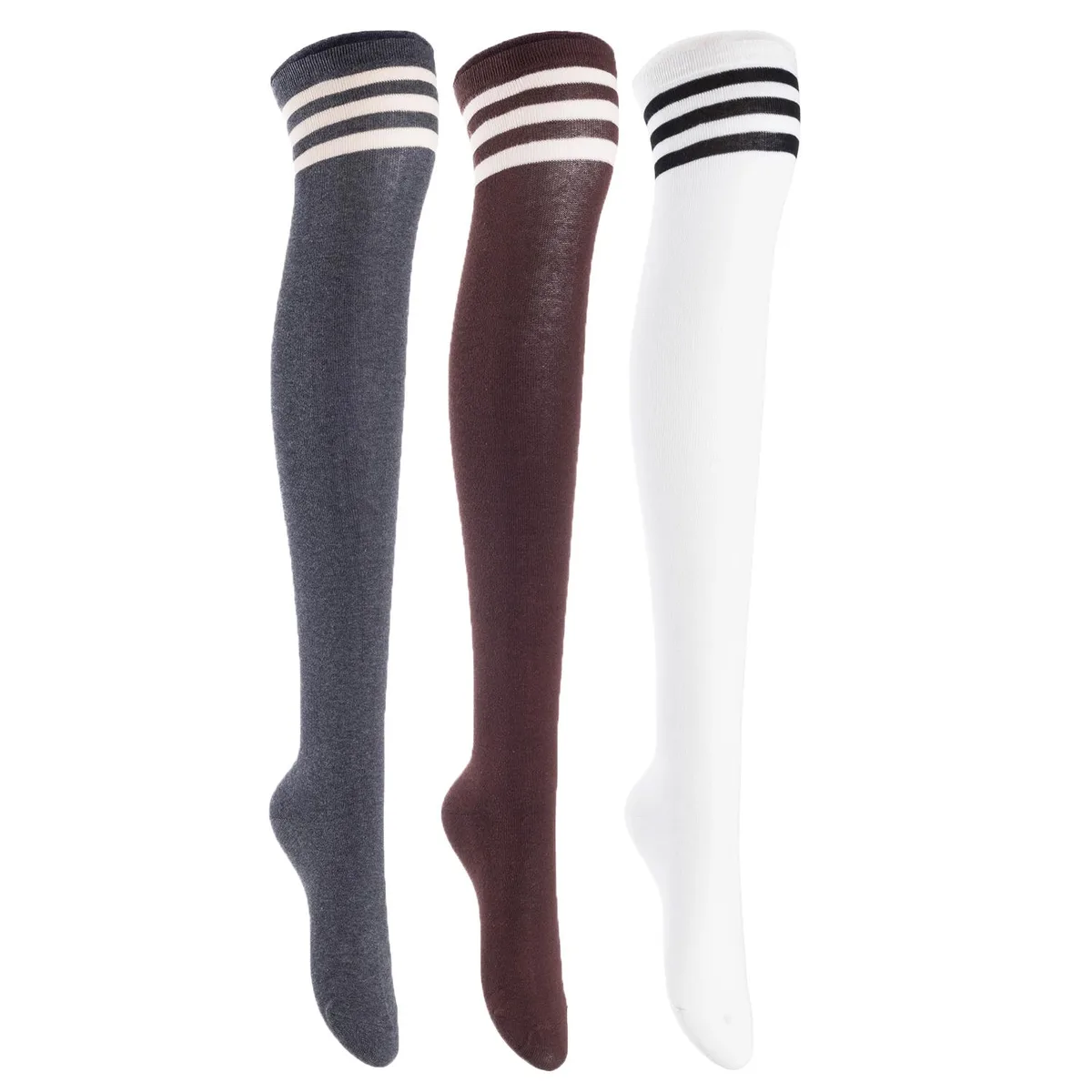 Three pairs of white thigh-high cotton socks with model number 1022