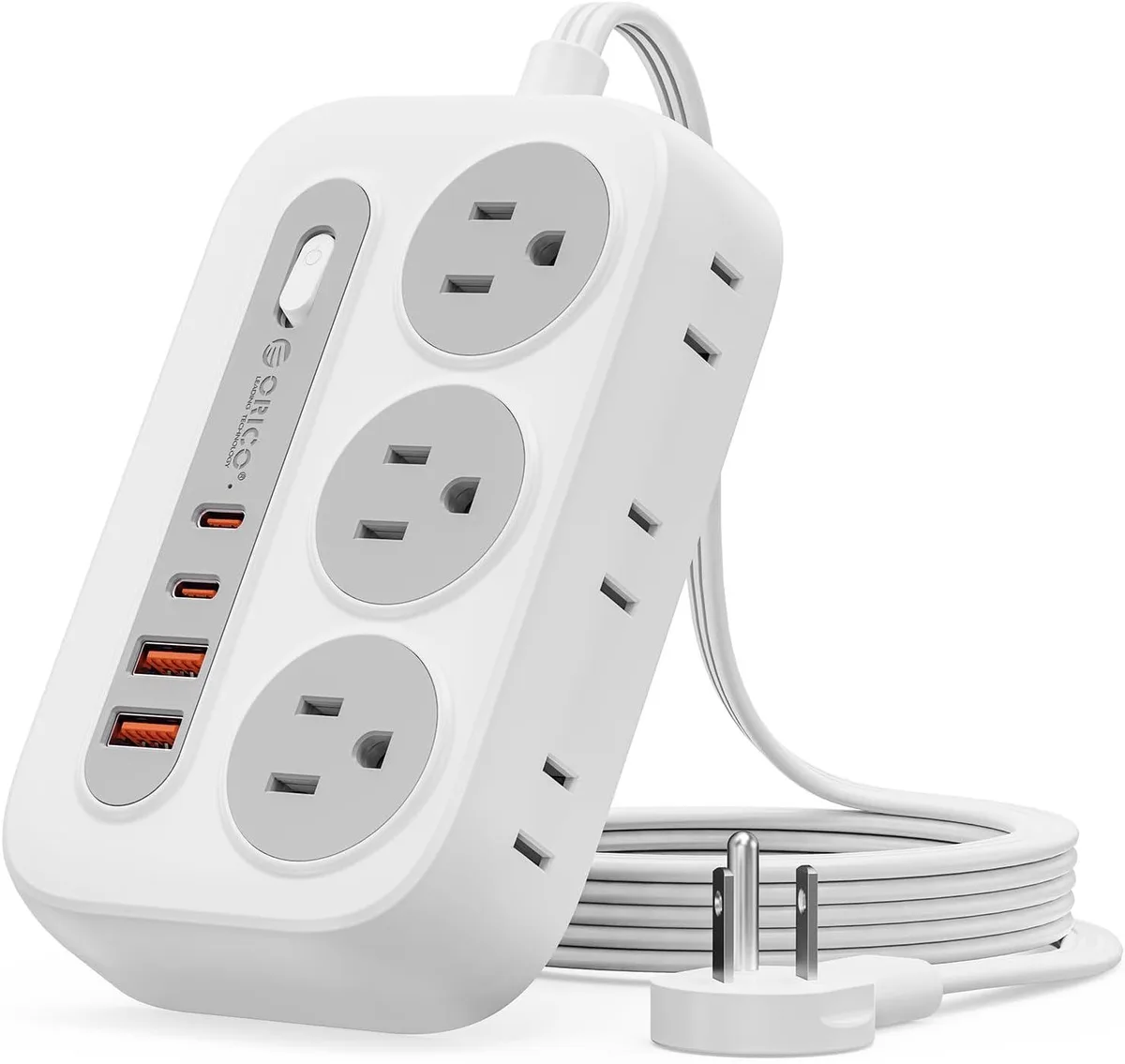 Orico Orico OG-6A2U2C-US-PRO Power Strip 6 AC 2 USB-A 2 USB-C 45° Flat Plug 5 ft White — product photo