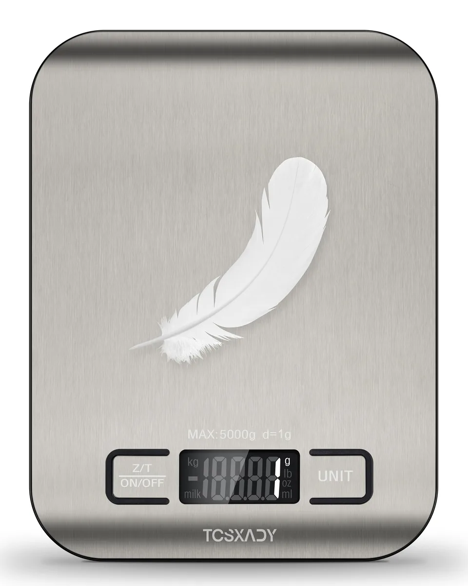 Twelve stainless steel digital kitchen scales with LCD displays