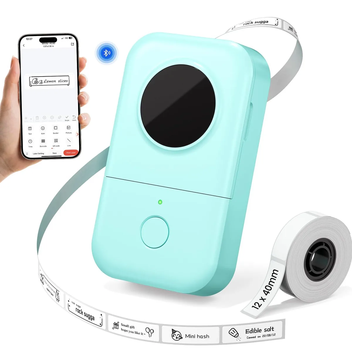 Compact green thermal label printer with rounded edges and Bluetooth connectivity