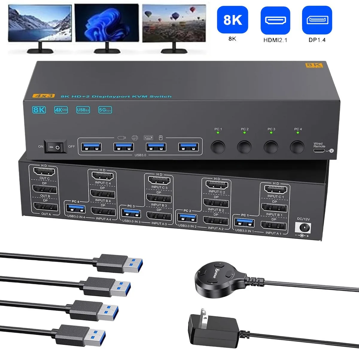 WRIARICH WRIARICH KC-403DH 8K KVM Switch 3 Monitors 4 Computers — product photo