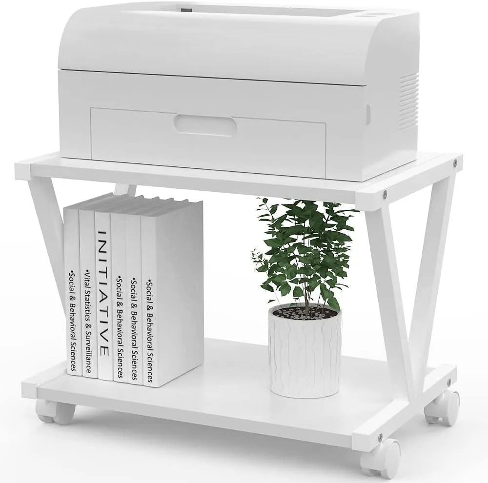 White wooden two-tier printer stand with V-shaped sides